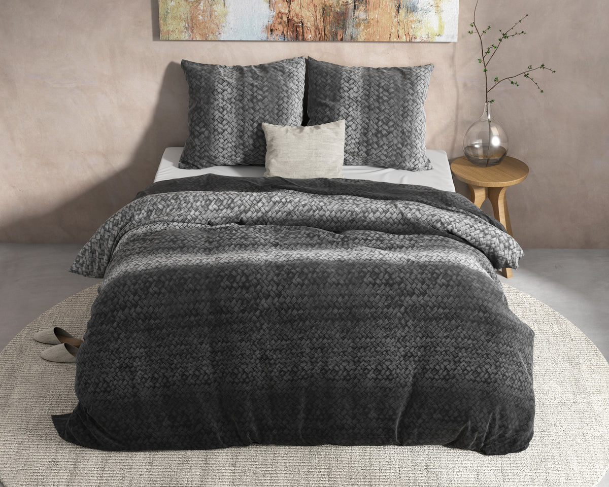 Dekbedovertrek flanel katoen gebreid kleurverloop antraciet 240 x 220 cm, met 2 kussenslopen 60 x 70 cm