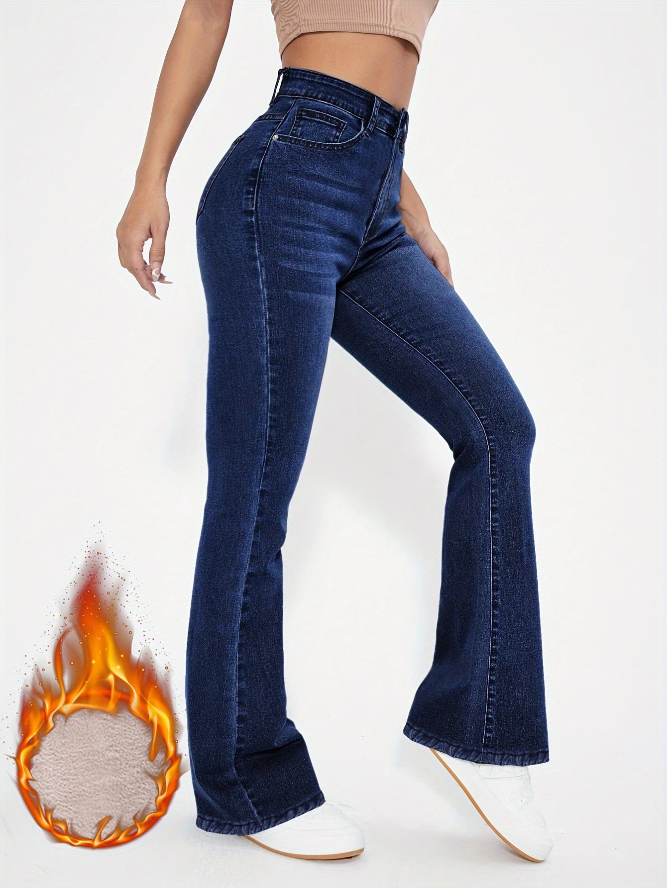 Damen Schlagjeans Dunkelblau mit Hoher Taille und Weitem Bein