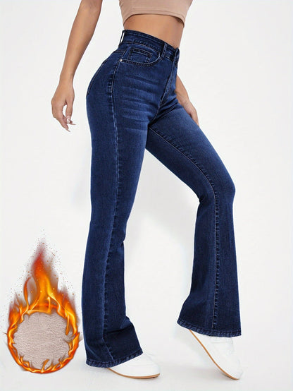 Damen Schlagjeans Dunkelblau mit Hoher Taille und Weitem Bein