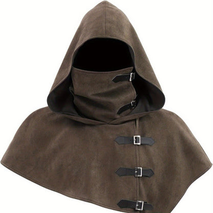 Hooded cape with buckles and neck protection