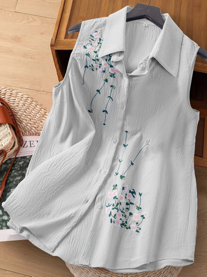 Damen ärmellose Bluse mit Blumenstickerei und Knopfleiste – Eleganter Freizeitstil