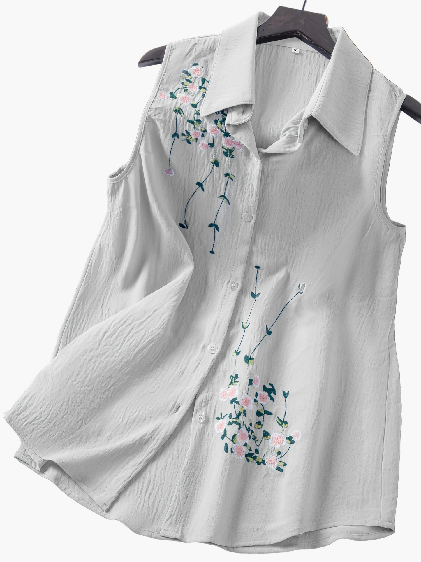 Damen ärmellose Bluse mit Blumenstickerei und Knopfleiste – Eleganter Freizeitstil