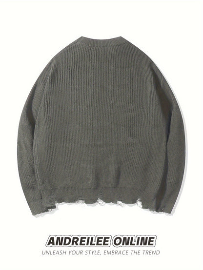 Unisex Strickpullover Schwarz mit Kreuzstich-Details und Destroyed-Effekt