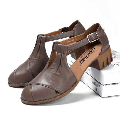 Women's Comfort Sandals with Block Heel and Elegant T-Strap for Everyday and Office Use