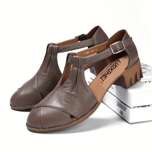 Women's Comfort Sandals with Block Heel and Elegant T-Strap for Everyday and Office Use