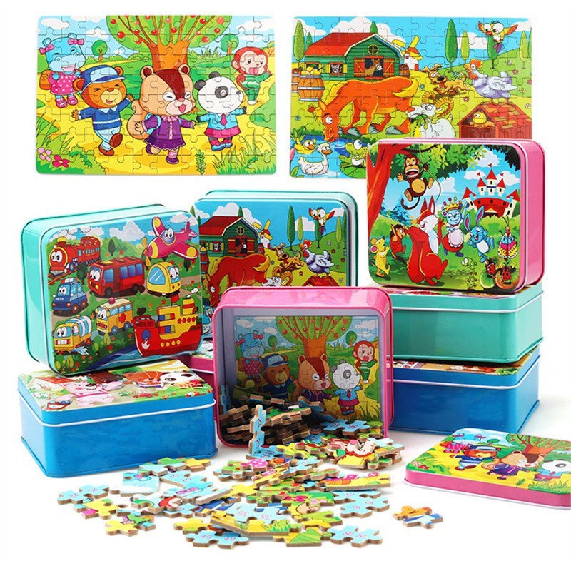 Children's Wooden Puzzle Set – Colorful Educational Toys in Storage Metal Box, from 3 Years, Unisex