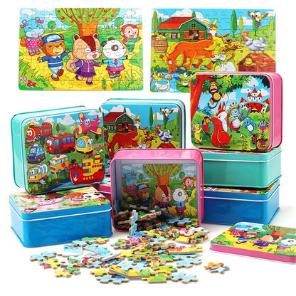 Children's Wooden Puzzle Set – Colorful Educational Toys in Storage Metal Box, from 3 Years, Unisex