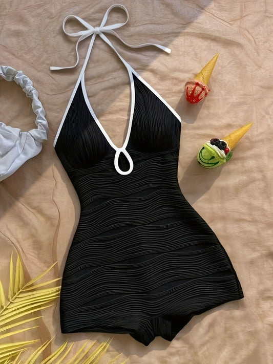 Women's Swimsuit with Wave Design and Boyshort Cut – Elegant One-Piece for Beach and Pool