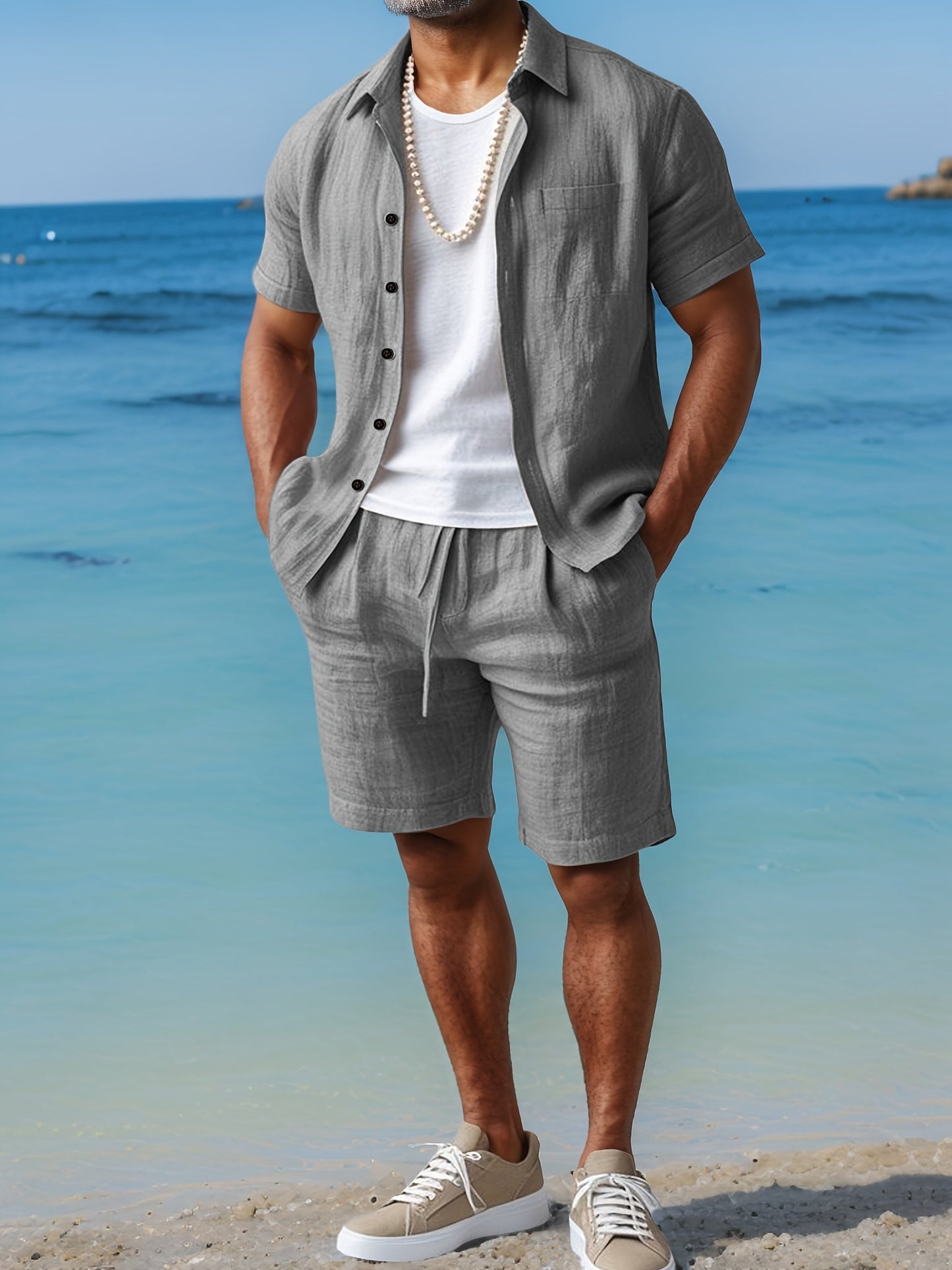 Men's Summer Set Short-Sleeve Shirt & Shorts – Casual Boho Beach Look for Vacation and Leisure