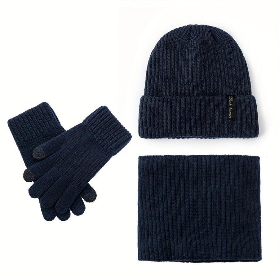 Rib-knit beanie, infinity scarf, and gloves set, black, winter, men’s and women’s
