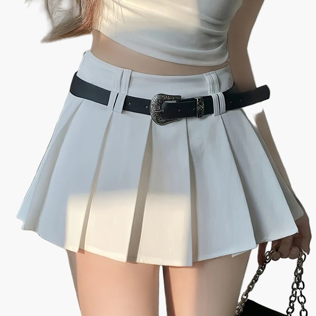 Women's Mini Pleated Skirt with Belt and Sexy Crop Top – Fashionable Streetwear Look for Everyday and Going Out