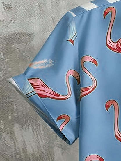 Herren Sommer Set Kurzarm Hemd und Shorts mit Flamingo-Print, Freizeit Outfit für Urlaub und Strand