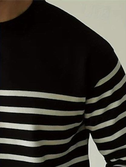 Striped men's crew-neck sweater, black and white, long-sleeved