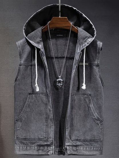 Men's denim vest with hood, sleeveless, with zipper and pockets