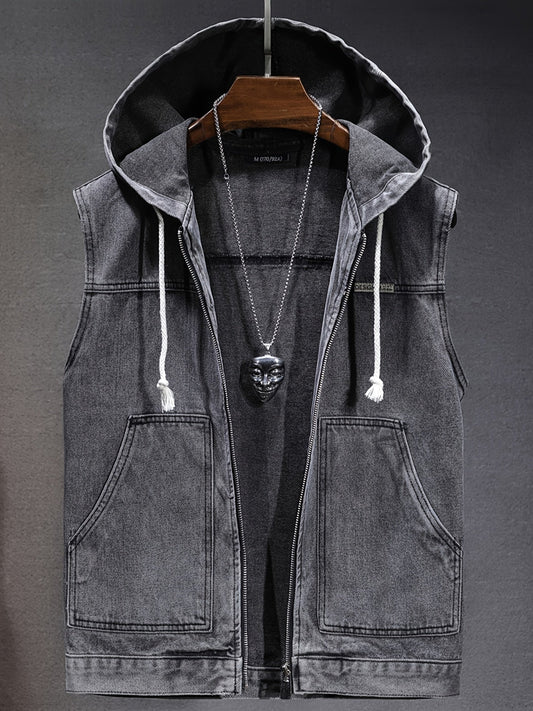 Men's denim vest with hood, sleeveless, with zipper and pockets