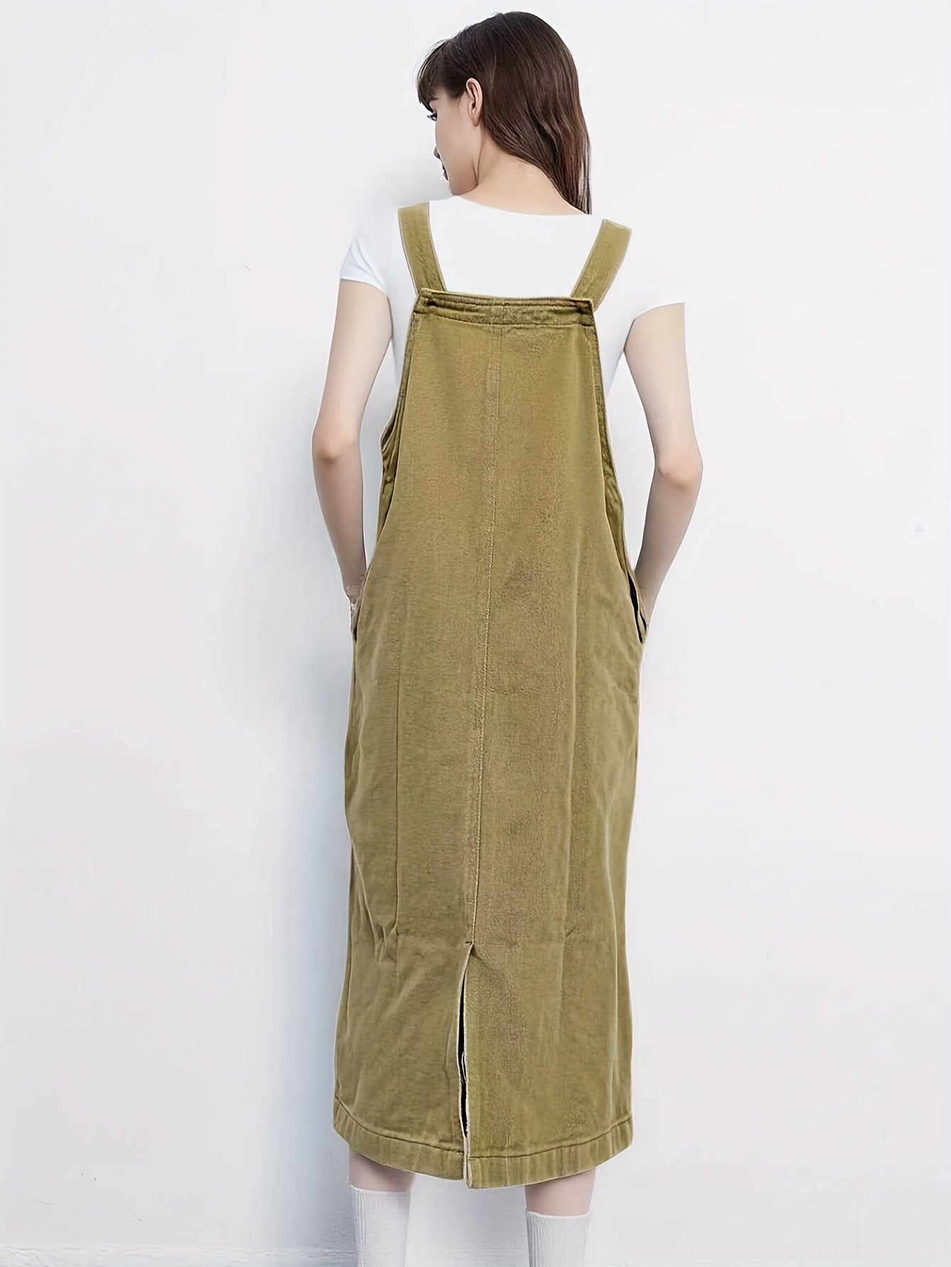 Women's Denim-Look Pinafore Midi Dress with Pocket – Fashionable Casual Dress for Everyday and City Wear