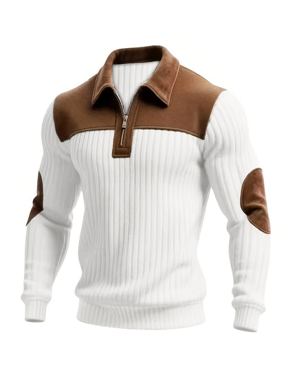 Herren Rippstrick Pullover mit Reißverschlusskragen und Kontrastdetails