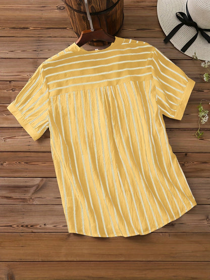 Women's short-sleeve blouse with stand-up collar and button placket – Casual stripes, summer tunic, office & leisure