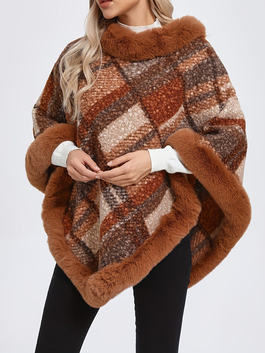 Damen Poncho mit Fellimitatbesatz, kariert, Braun/Grau