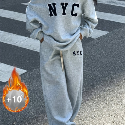 Gray women's tracksuit, wide-leg, “NYC” print, oversized fit