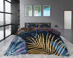 Dekbedovertrek katoensatijn tropische bladprint marineblauw 200 x 220 cm, met 2 kussenslopen 60 x 70 cm