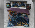 Dekbedovertrek katoensatijn tropische bladprint marineblauw 200 x 220 cm, met 2 kussenslopen 60 x 70 cm