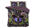 Dekbedovertrek katoensatijn bloemen- en vlinderprint paars 240 x 220 cm, met kussenslopen 60 x 70 cm