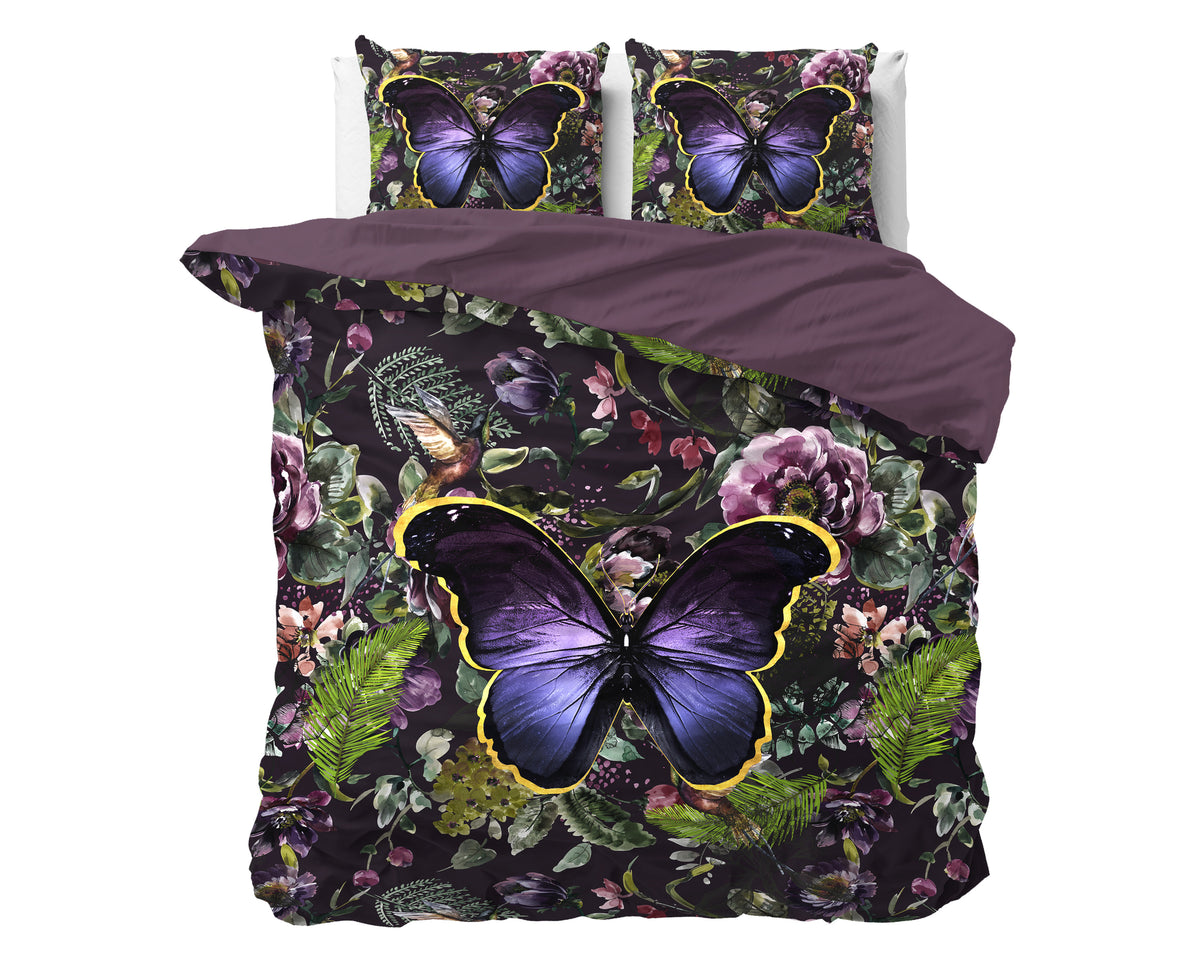 Dekbedovertrek katoensatijn bloemen- en vlinderprint paars 240 x 220 cm, met kussenslopen 60 x 70 cm
