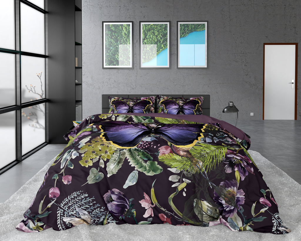 Dekbedovertrek katoensatijn bloemen- en vlinderprint paars 240 x 220 cm, met kussenslopen 60 x 70 cm