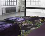 Dekbedovertrek katoensatijn bloemen- en vlinderprint paars 240 x 220 cm, met kussenslopen 60 x 70 cm
