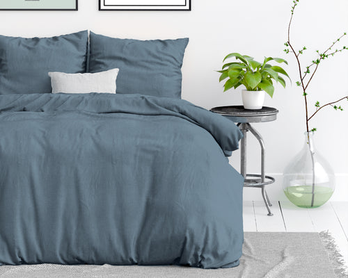Dekbedovertrek katoen stonewashed blauw 240 x 220 cm, met kussenslopen 60 x 70 cm en drukknopen