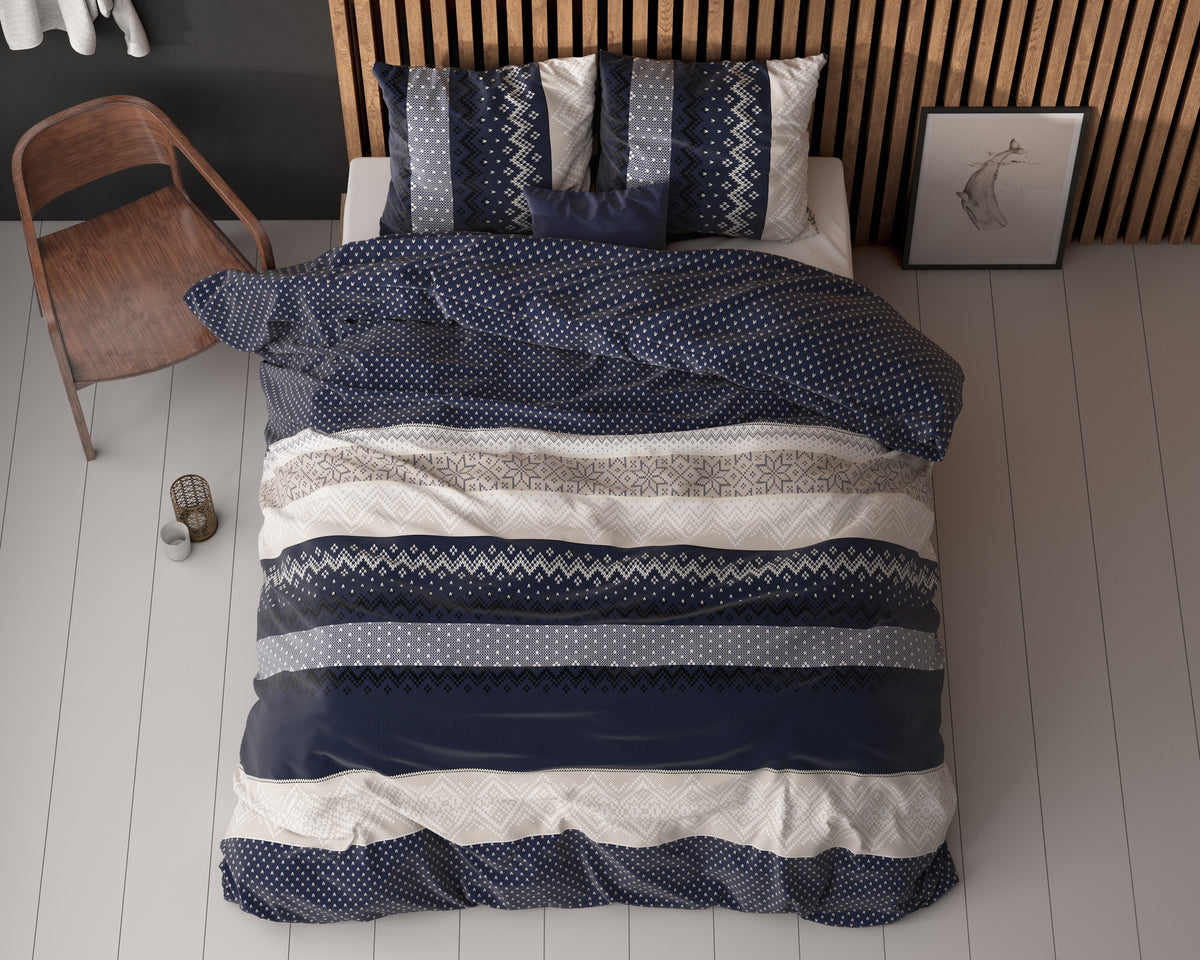 Dekbedovertrek katoenmengsel marineblauw met Noors patroon 200 x 220 cm, met 2 kussenslopen 60 x 70 cm