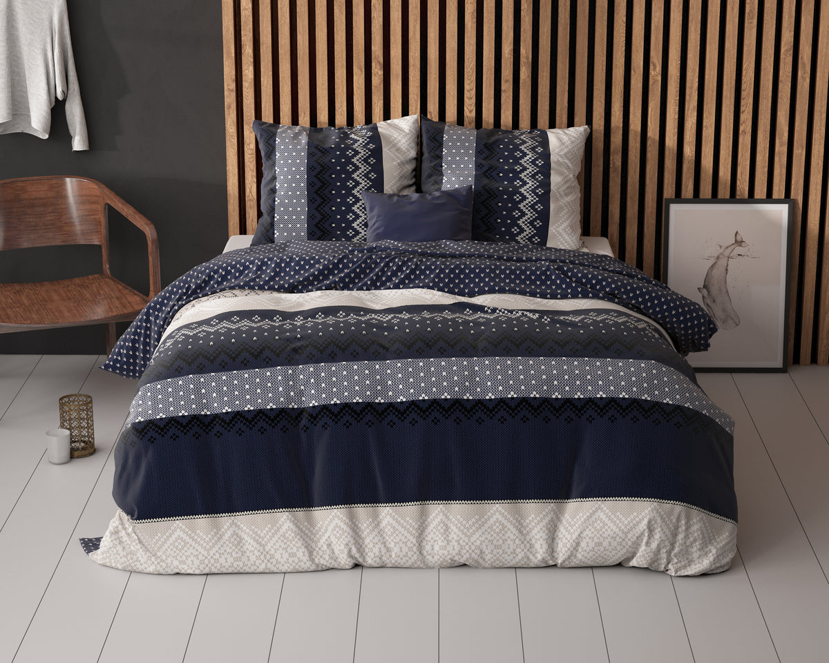 Dekbedovertrek katoenmengsel marineblauw met Noors patroon 200 x 220 cm, met 2 kussenslopen 60 x 70 cm