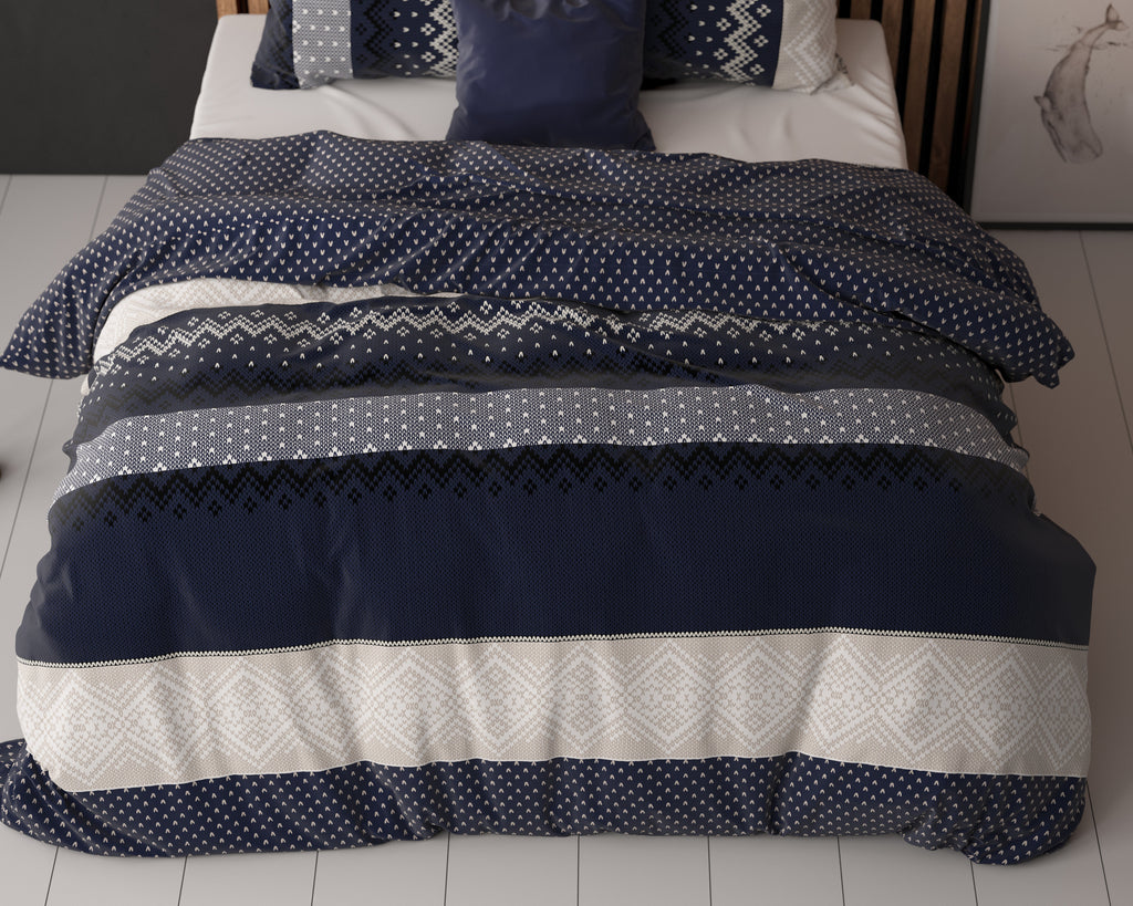 Dekbedovertrek katoenmengsel marineblauw met Noors patroon 200 x 220 cm, met 2 kussenslopen 60 x 70 cm