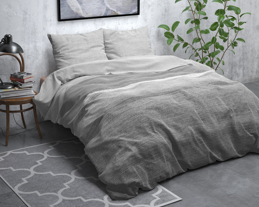 Dekbedovertrek flanel katoen gestreept grijs 240 x 220 cm, met 2 kussenslopen 60 x 70 cm