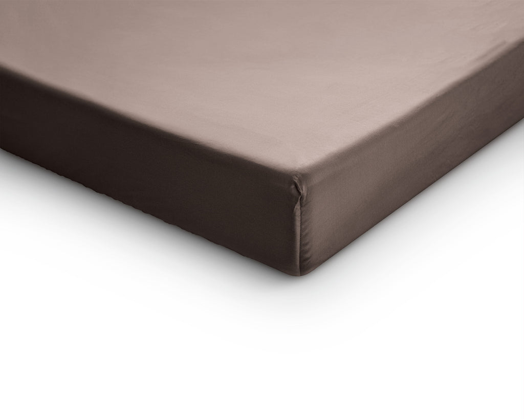 Hoeslaken splittopper katoensatijn T210 taupe 160 x 200 cm, voor matrashoogte 8–12 cm