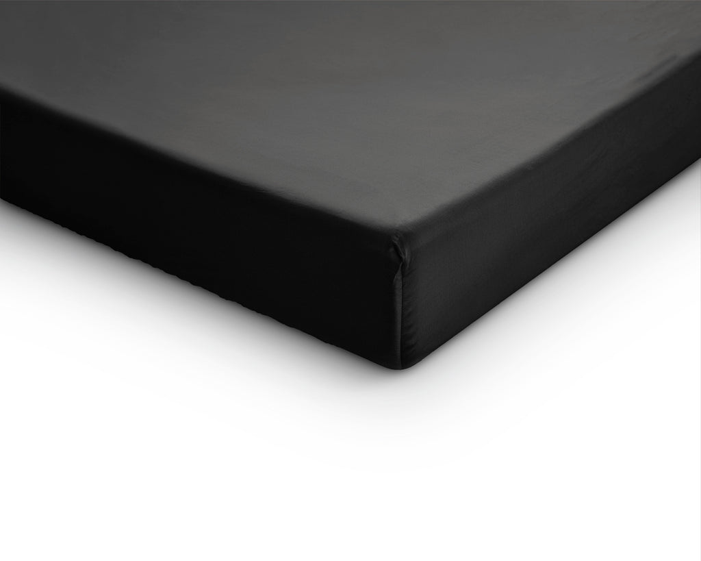 Hoeslaken splittopper katoensatijn zwart 180 x 220 cm, hoekhoogte 15 cm