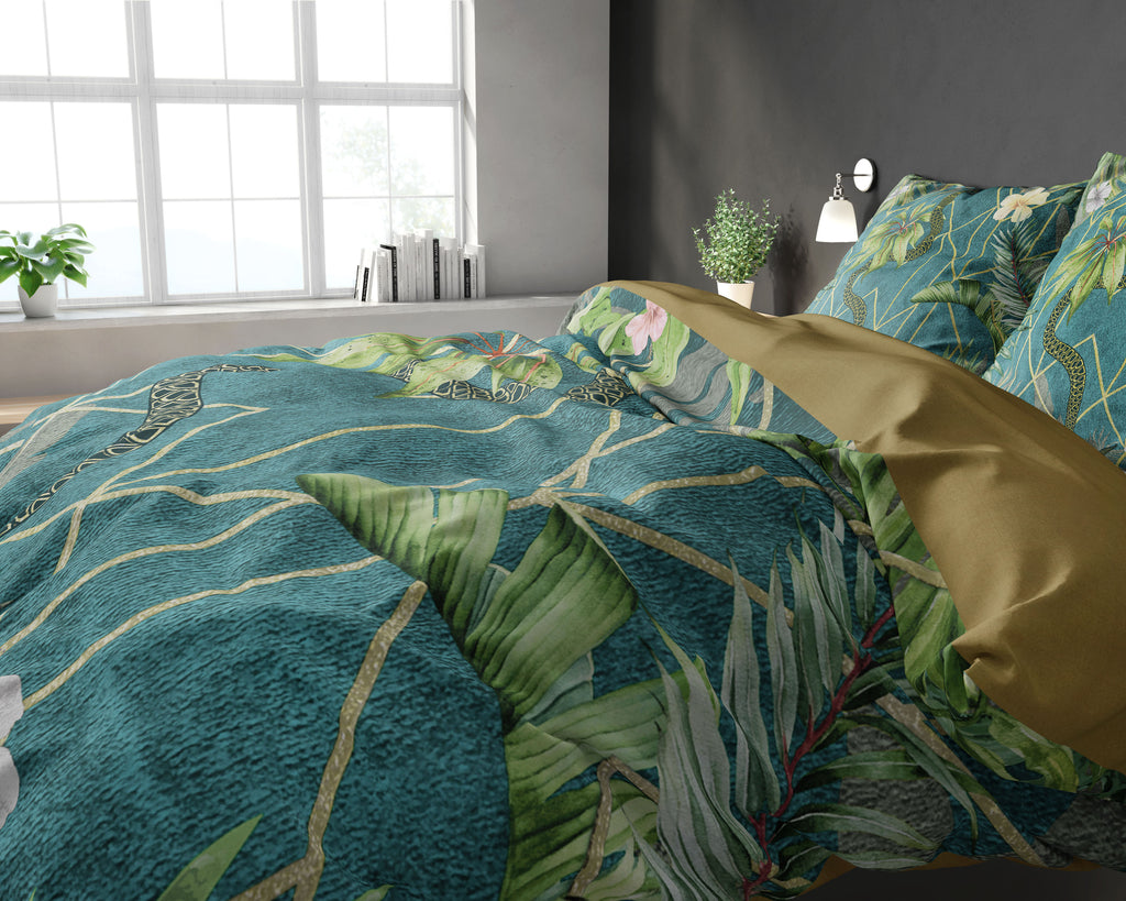 Dekbedovertrek micropercal katoen botanisch groen 240 x 220 cm, met 2 kussenslopen 60 x 70 cm