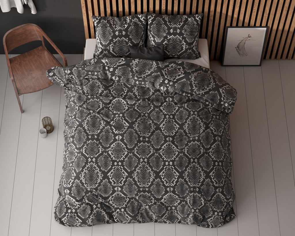 Dekbedovertrek micropercal katoen Riley antraciet slangenprint 140 x 220 cm, met kussensloop 60 x 70 cm