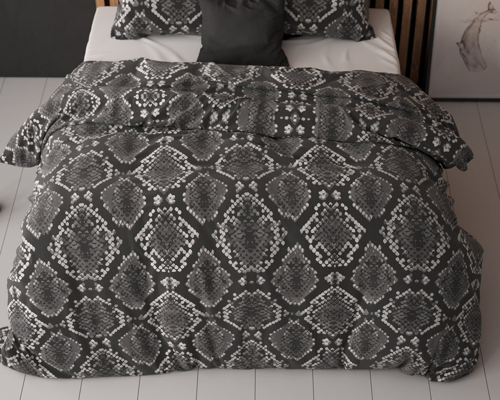 Dekbedovertrek micropercal katoen Riley antraciet slangenprint 140 x 220 cm, met kussensloop 60 x 70 cm