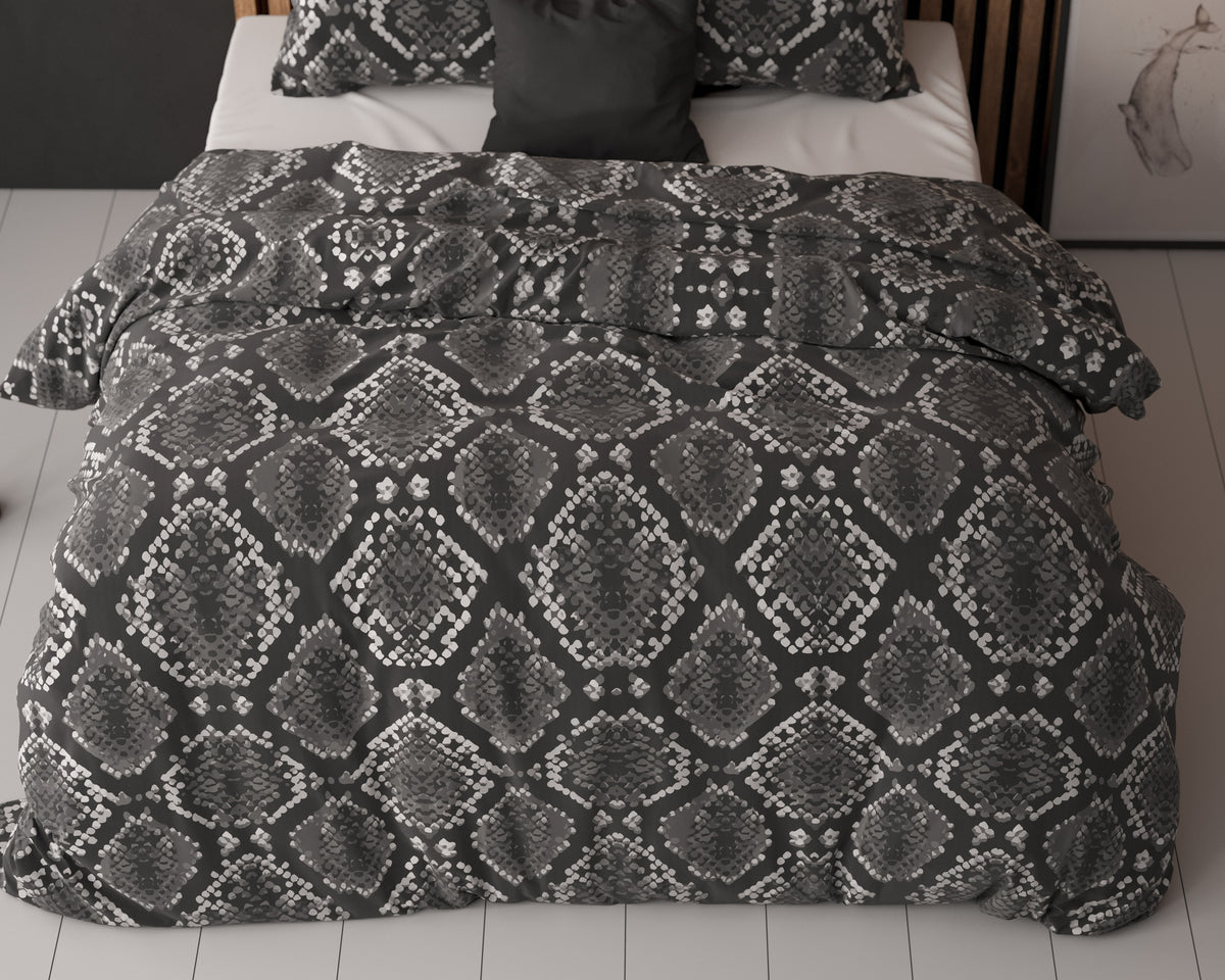 Dekbedovertrek micropercal katoen Riley antraciet slangenprint 140 x 220 cm, met kussensloop 60 x 70 cm