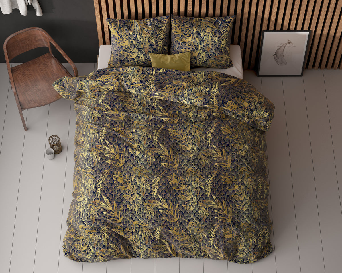 Dekbedovertrek katoenmix Goudkoorts goud met bladprint 140 x 220 cm, met kussensloop 60 x 70 cm
