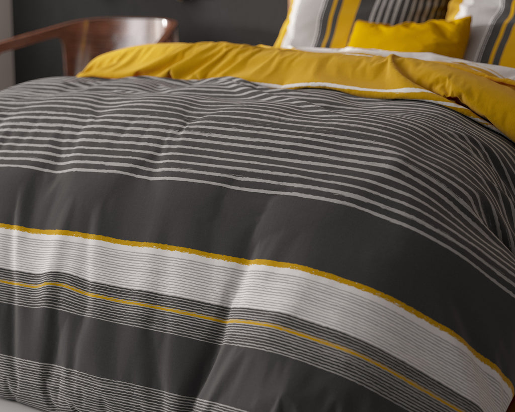 Dekbedovertrek katoen polyester gestreept oker, grijs en antraciet 140 x 220 cm, met kussensloop 60 x 70 cm