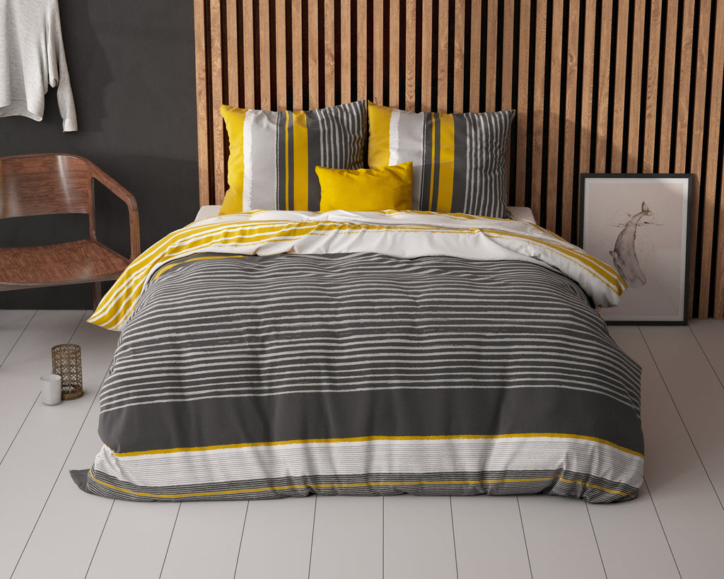 Dekbedovertrek katoen-polyester gestreept Drake oker en antraciet 200 x 220 cm, met kussenslopen 60 x 70 cm