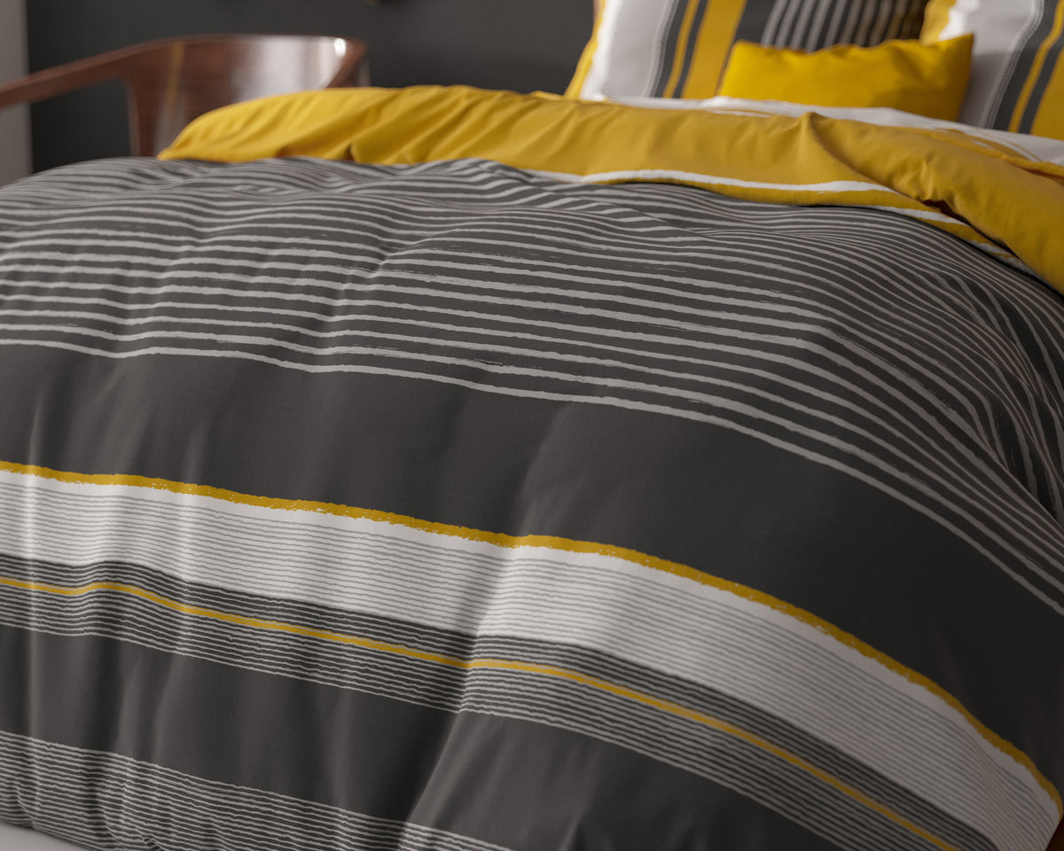 Dekbedovertrek katoen-polyester gestreept Drake oker en antraciet 200 x 220 cm, met kussenslopen 60 x 70 cm
