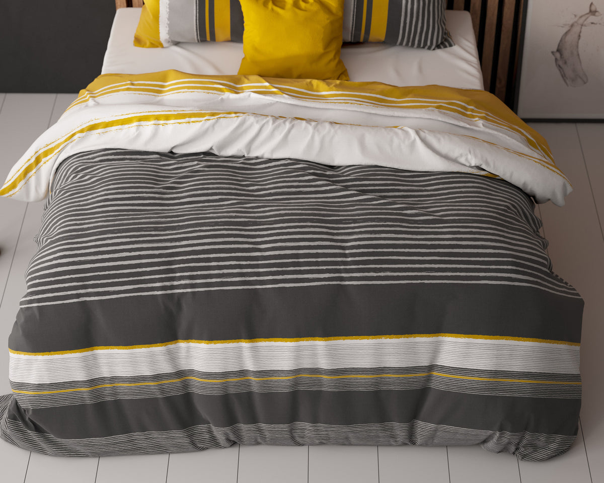 Dekbedovertrek katoen-polyester gestreept Drake oker en antraciet 200 x 220 cm, met kussenslopen 60 x 70 cm