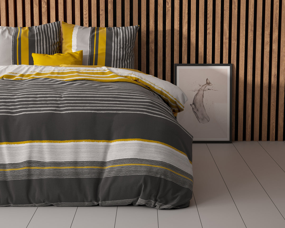 Dekbedovertrek katoen-polyester gestreept Drake oker en antraciet 200 x 220 cm, met kussenslopen 60 x 70 cm