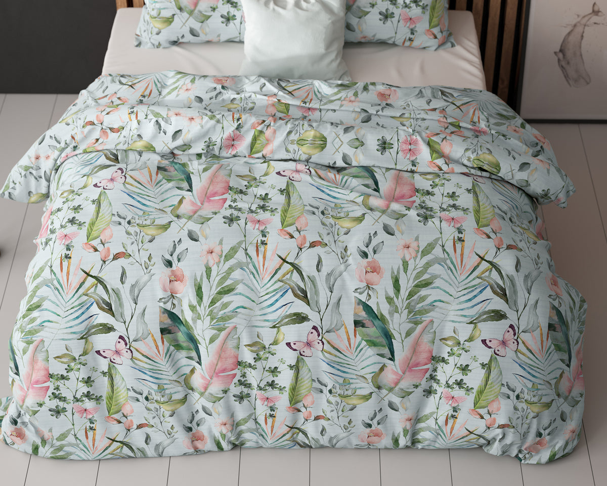 Dekbedovertrek micropercal katoen groen bloemenprint 240 x 220 cm, met 2 kussenslopen 60 x 70 cm