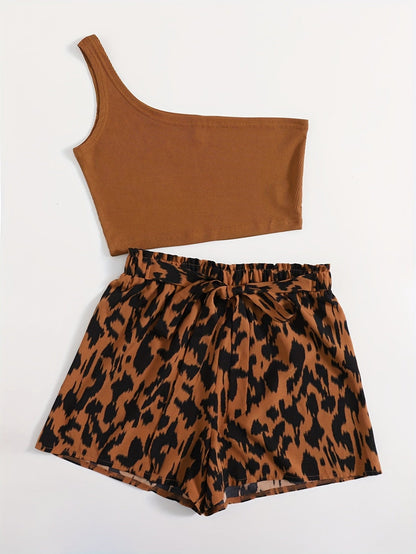 Damen Zweiteiler Set mit One-Shoulder Top und Animal Print Shorts – Elegantes Sommer Outfit