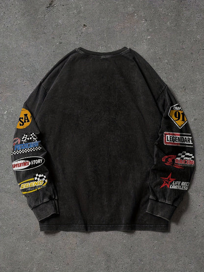 Unisex long-sleeve shirt, black cotton-look fabric, crew neck, “NO RISK NO STORY” print with sleeve patches